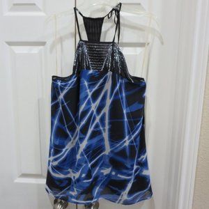 Blue Abstract Print Sequin Accent Halter Cami